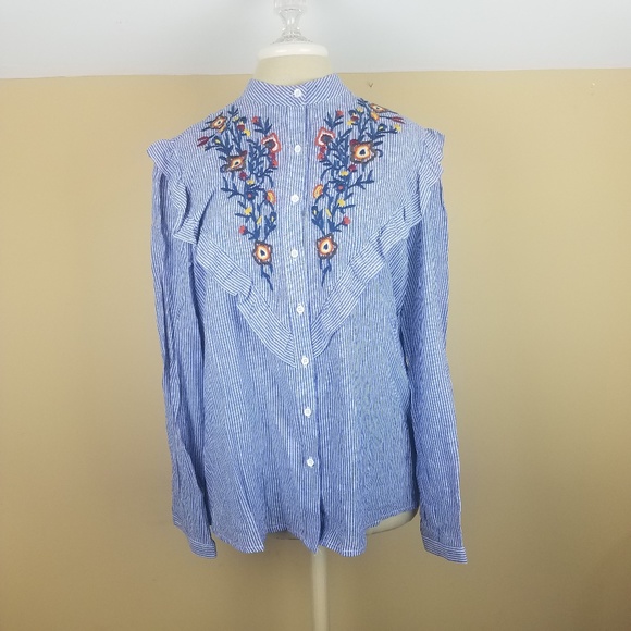 MelloDay Tops - 😀MelloDay Blue & White Striped Embroidered Shirt